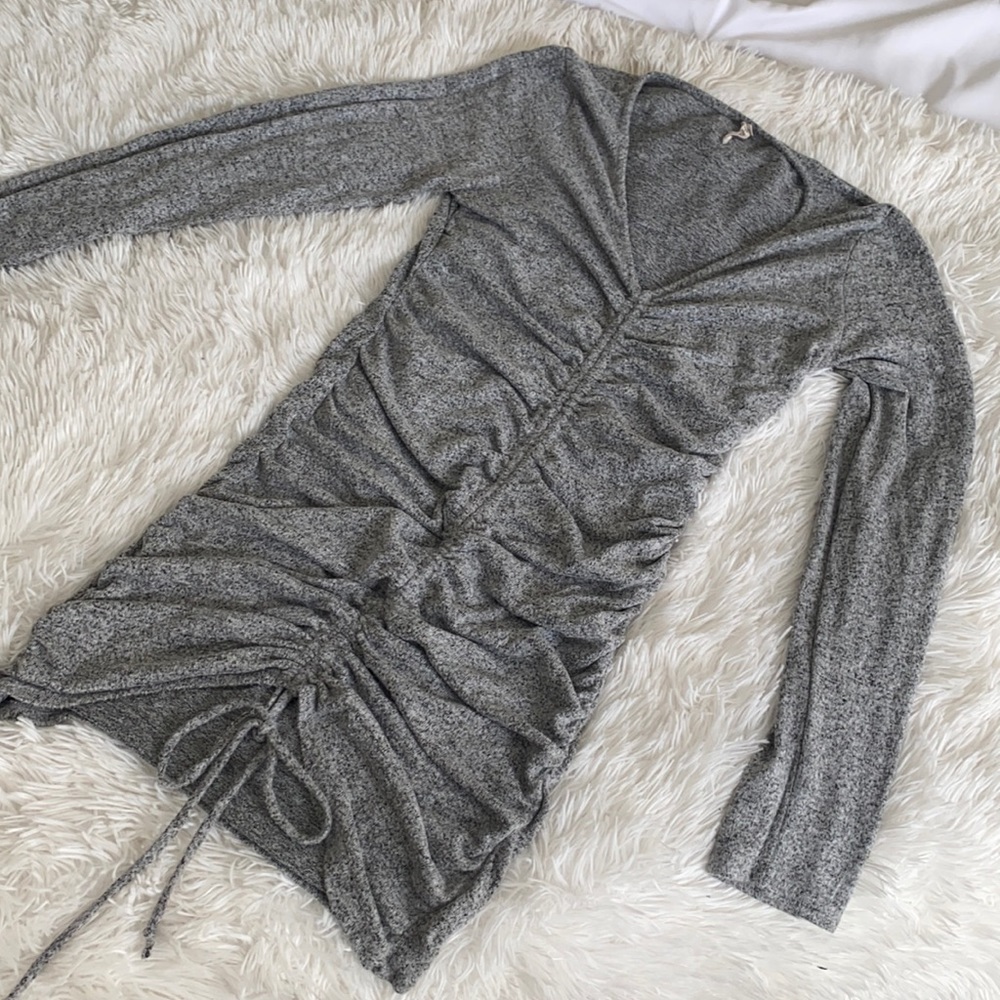 GRAY RUCHED FRONT DETAIL LONGSLEEVE MINI DRESS